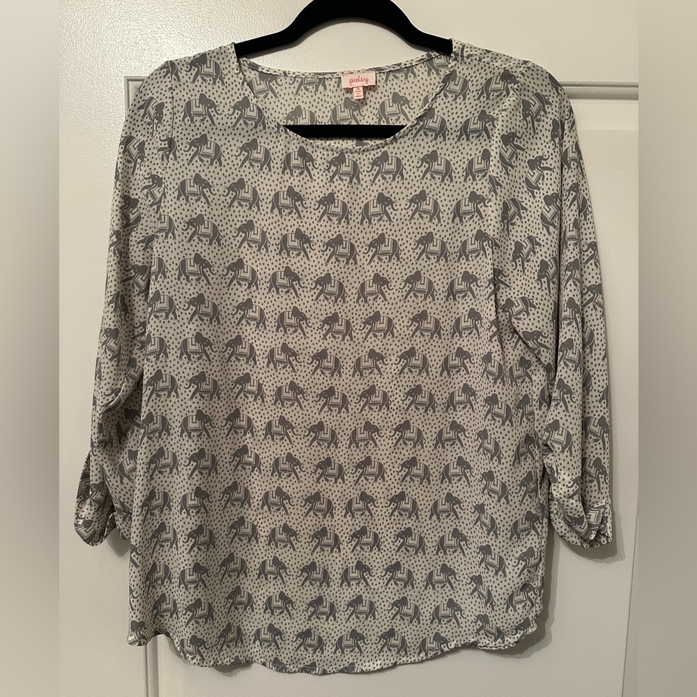 PIXLEY | Gray & White Elephant Print Blouse with 3/4 Sleeves Size S